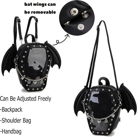 Goth Coffin Backpack with Detachable Bat Wing Halloween Coffin Ita Punk Shoulder - Picture 7 of 14